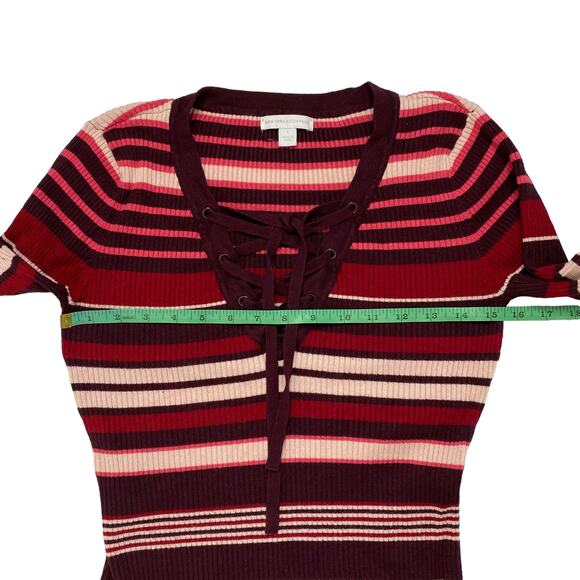 NEW YORK & CO Ribbed Knit Stripe Lace Up Long Sleeve Top Size Small Pink Purple - Picture 8 of 10